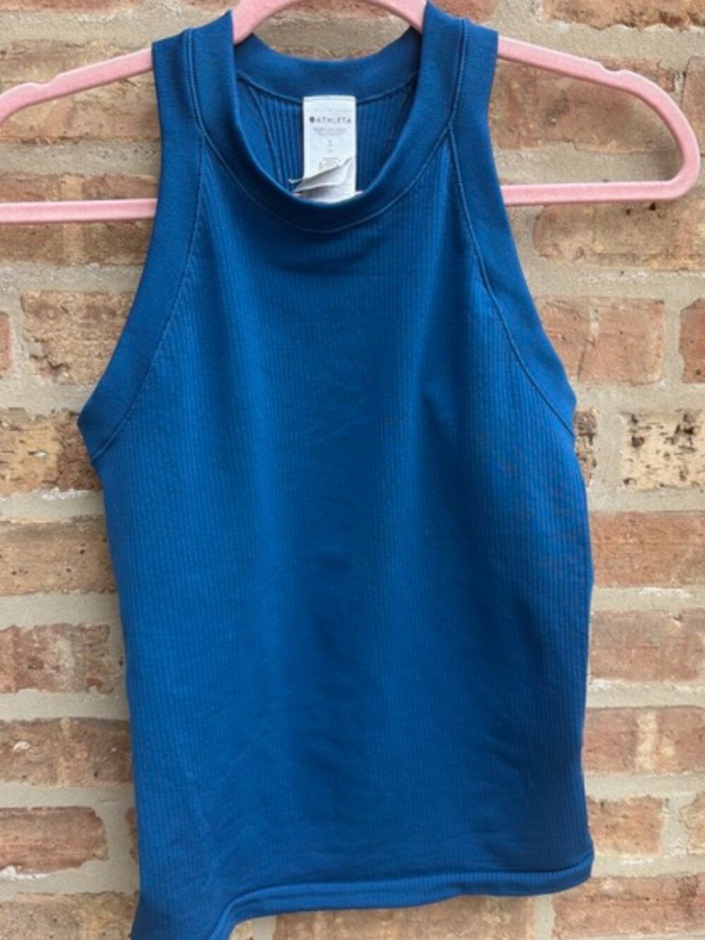 Athleta blue ribbed seamless racerback tank top high neckline Small Women